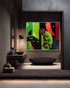 Modern bathroom with a colorful abstract painting on the wall.