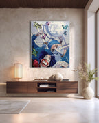 Modern interior with a painting of a clown and medical professional on the wall.