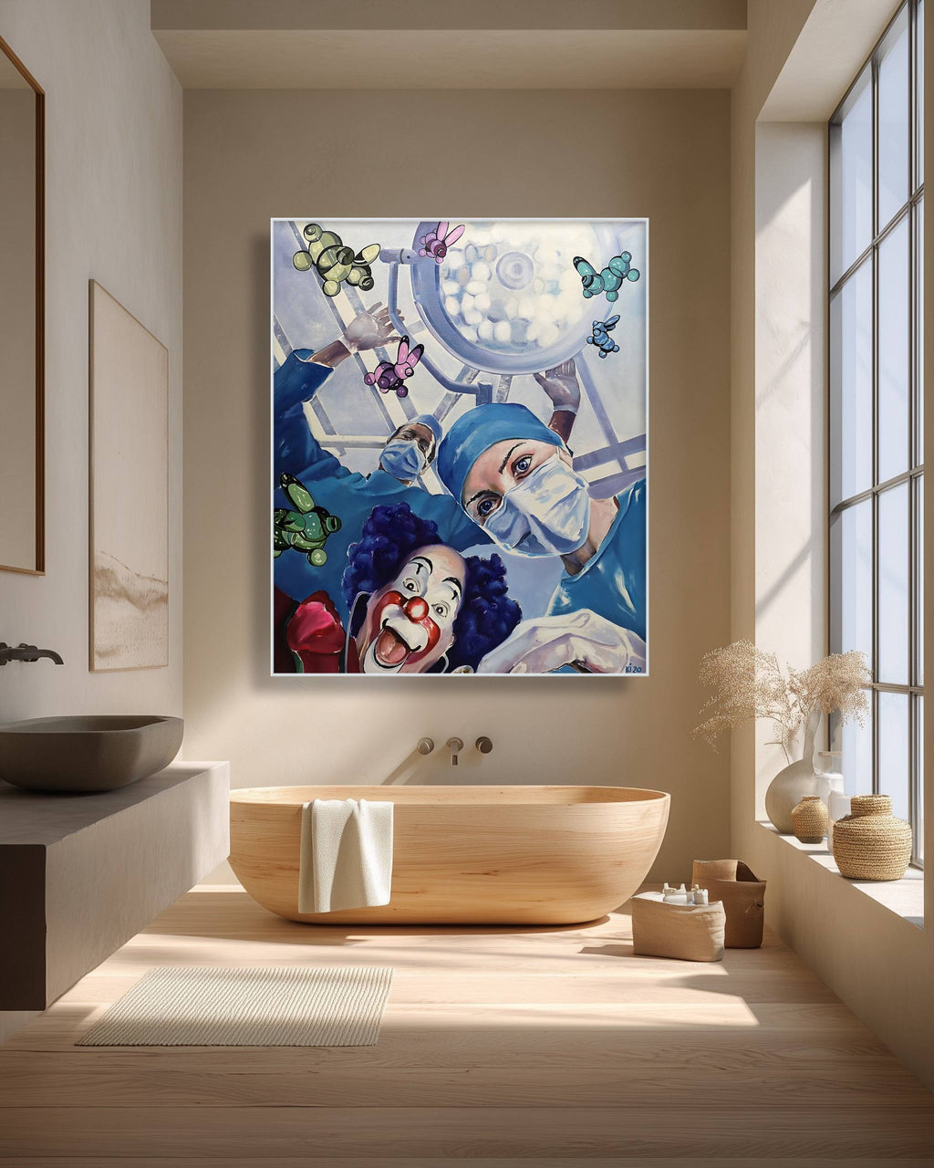 Modern bathroom with a colorful abstract painting on the wall