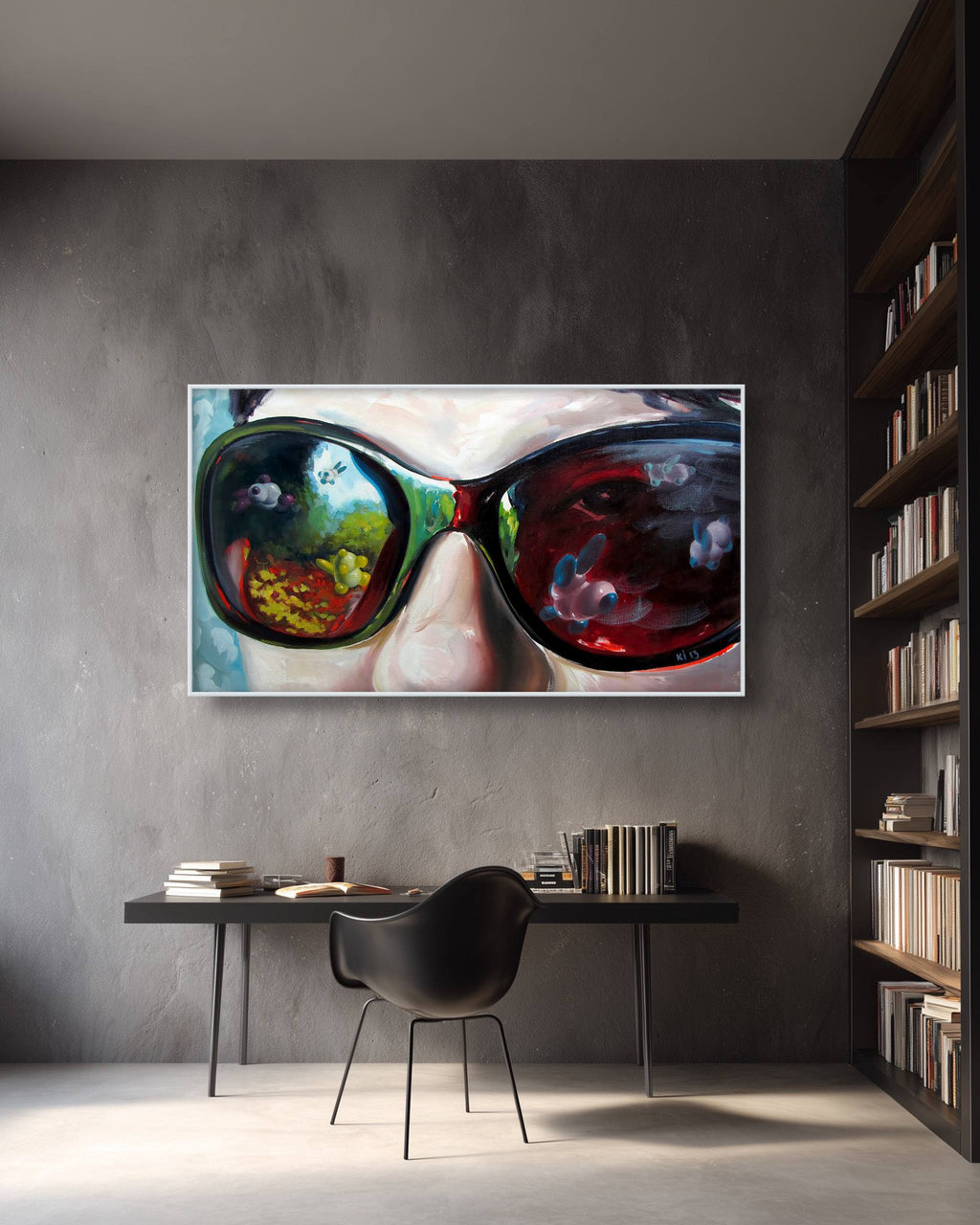 Modern interior with a large abstract painting of sunglasses on a wall above a desk.