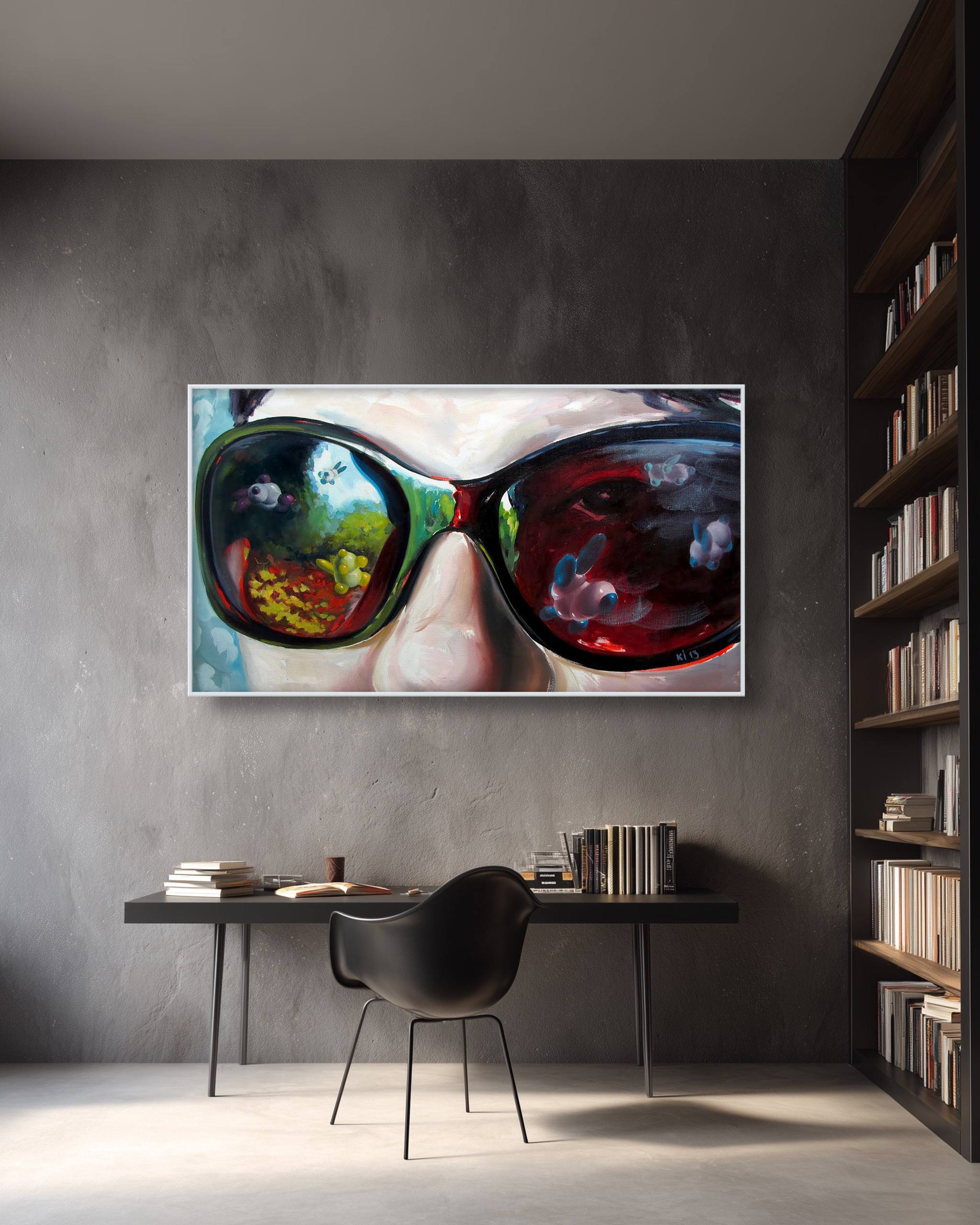 Modern interior with a large abstract painting of sunglasses on a wall above a desk.