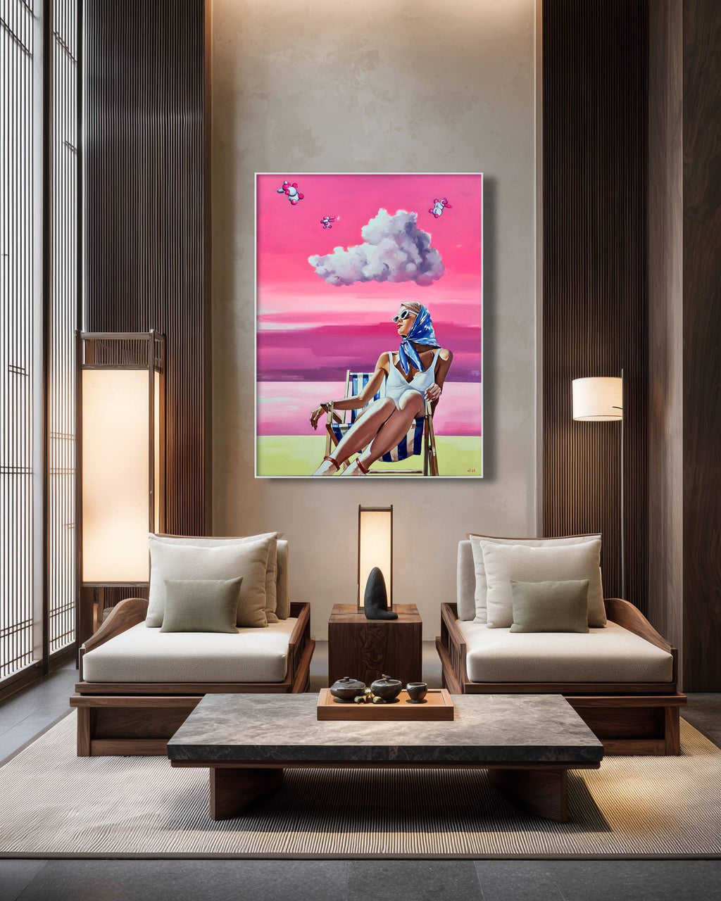 Modern living room with wooden furniture, a coffee table, and a colorful painting on the wall.