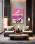 Modern living room with wooden furniture, a coffee table, and a colorful painting on the wall.