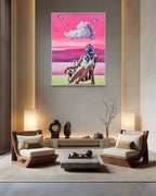 Modern living room with a painting of a woman in a blue dress on a pink sky.