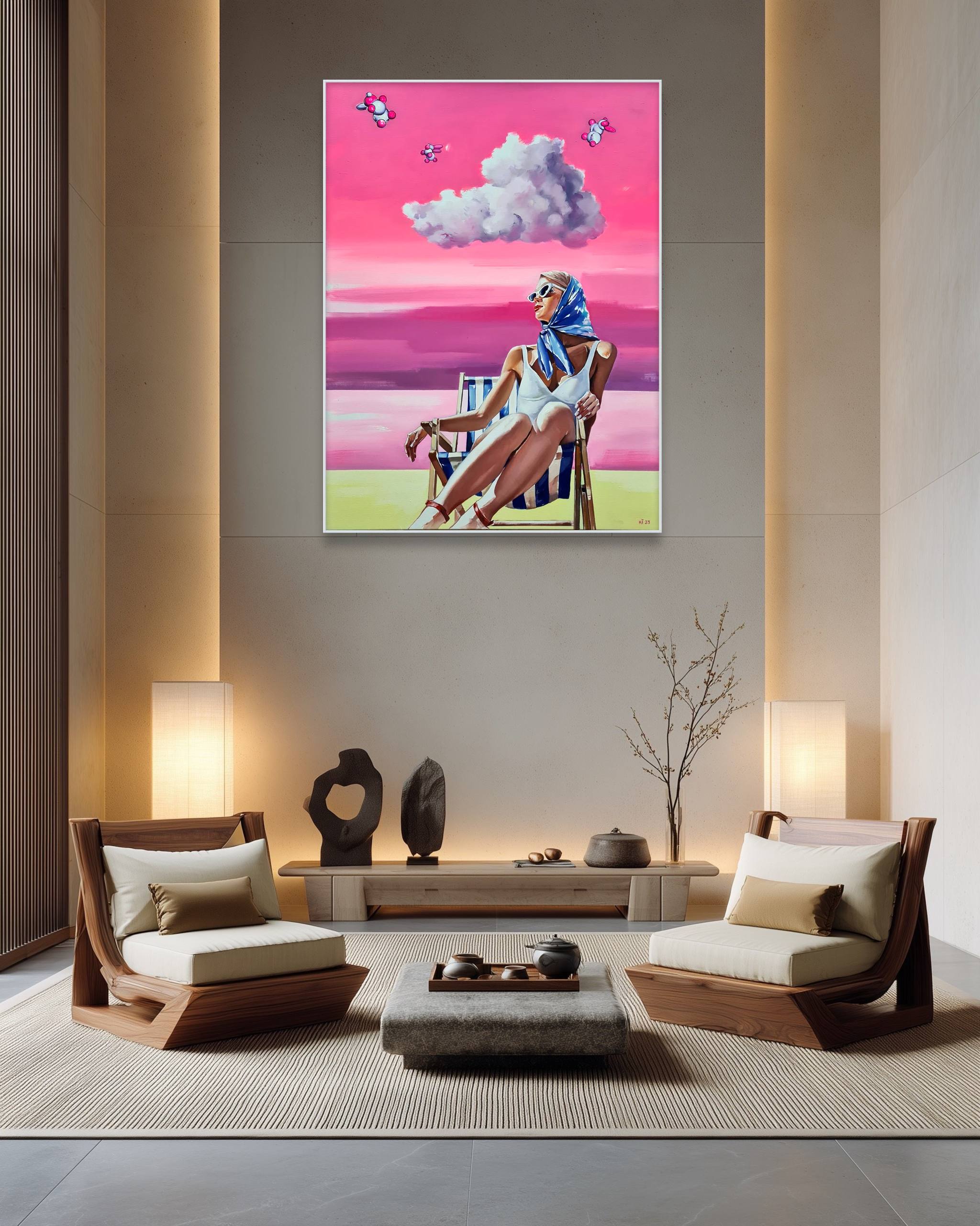 Modern living room with a painting of a woman in a blue dress on a pink sky.