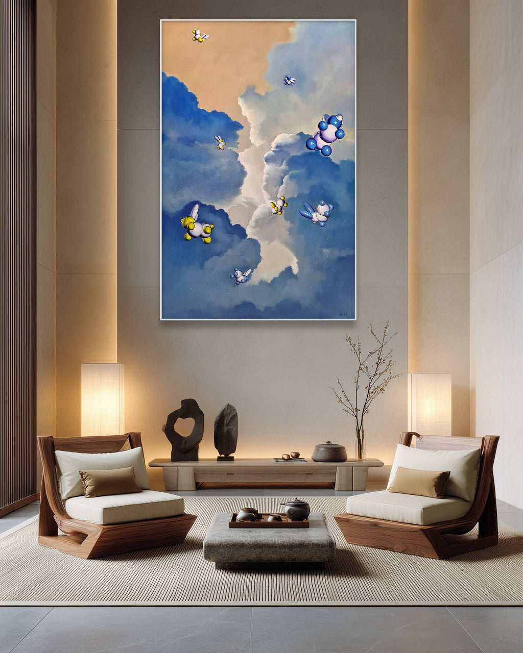Modern living room with a large abstract painting on the wall