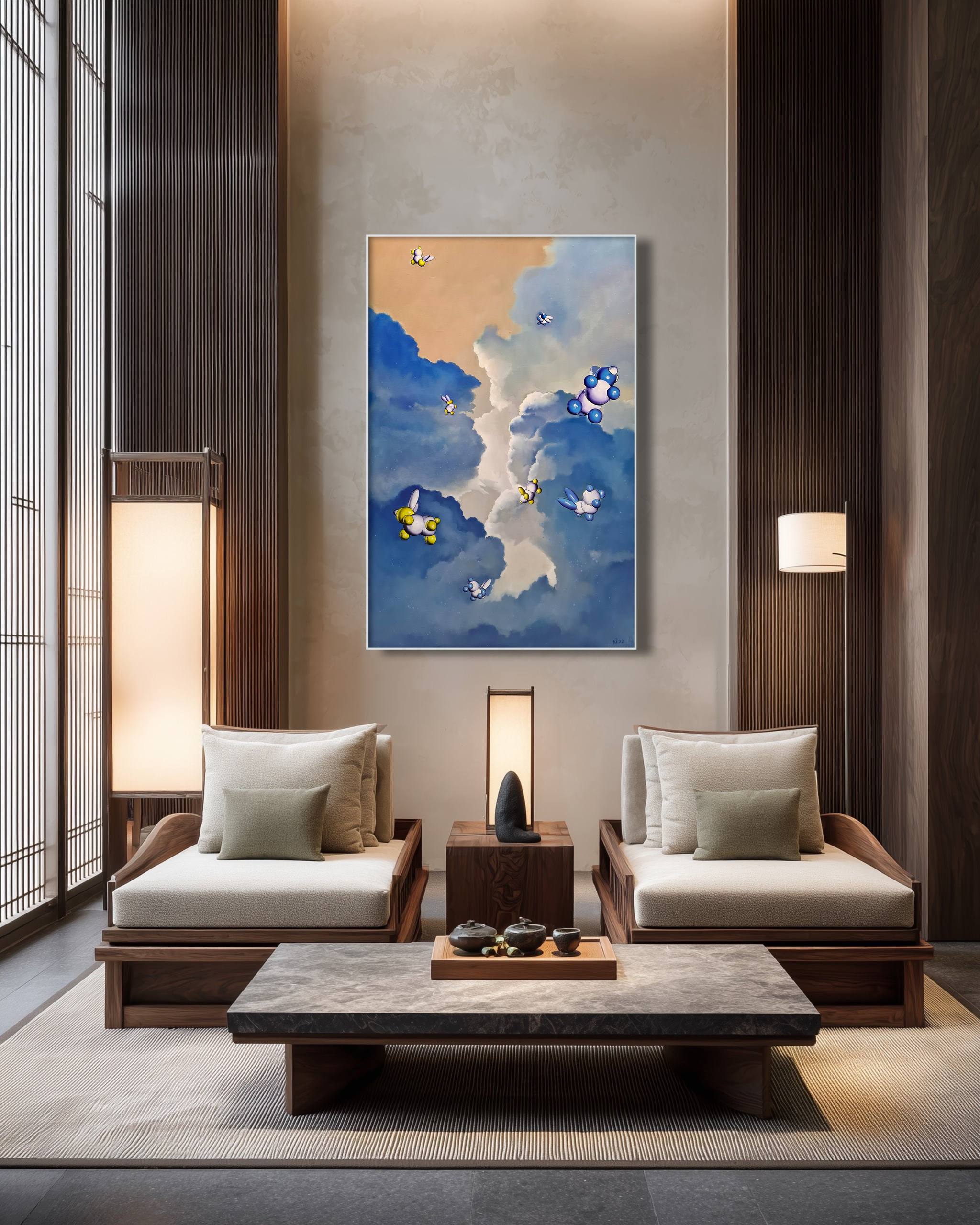 Modern living room with wooden furniture, white cushions, and a decorative painting on the wall.