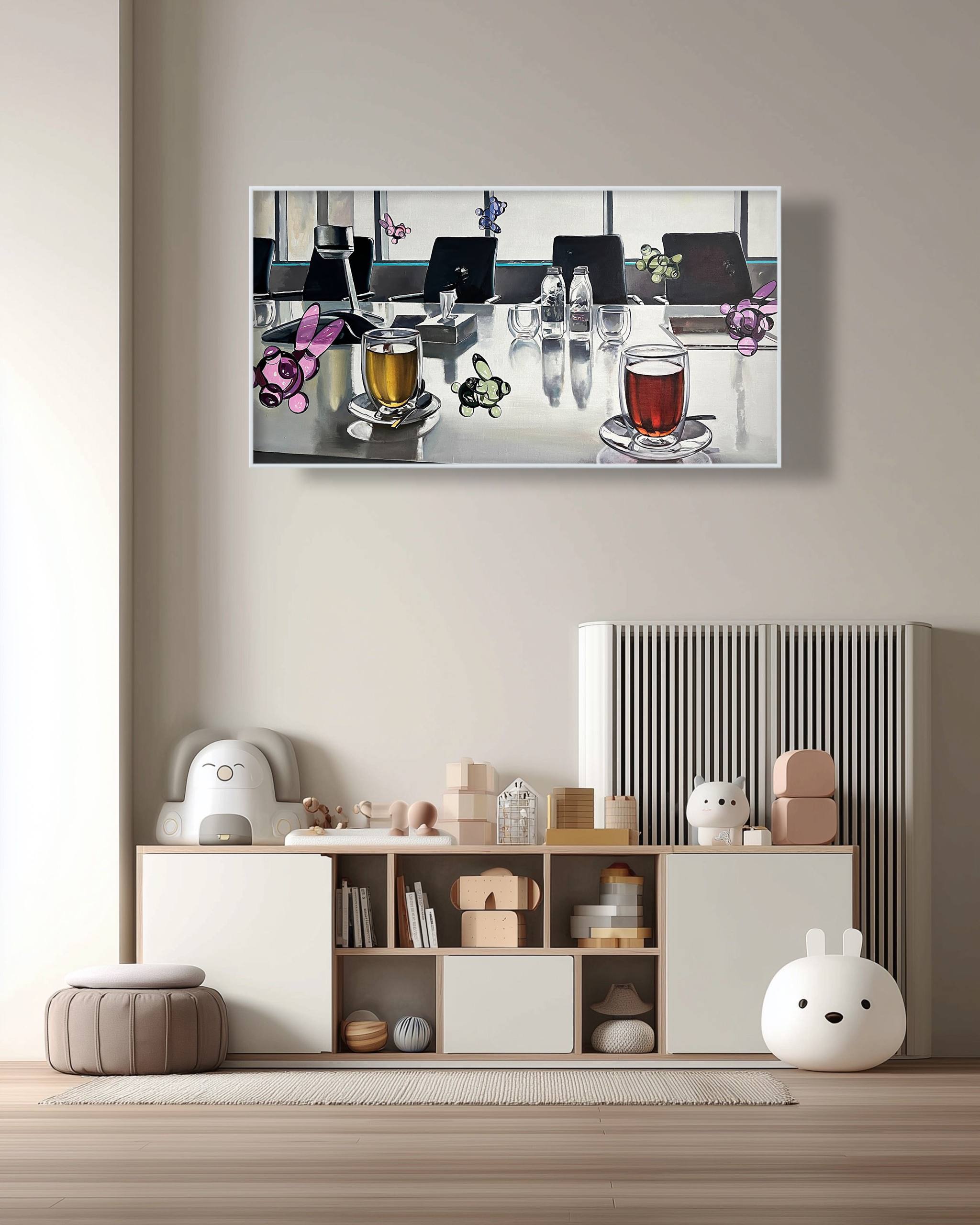 Modern interior with a shelf displaying various items and a framed picture on the wall.