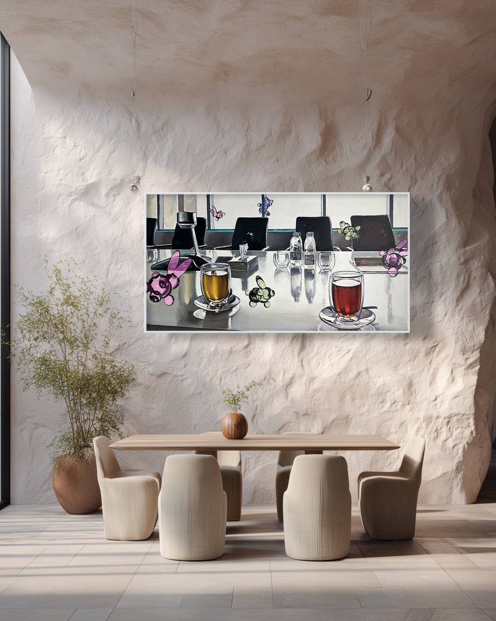 Modern dining room with a large flat-screen TV on the wall displaying a conference scene.
