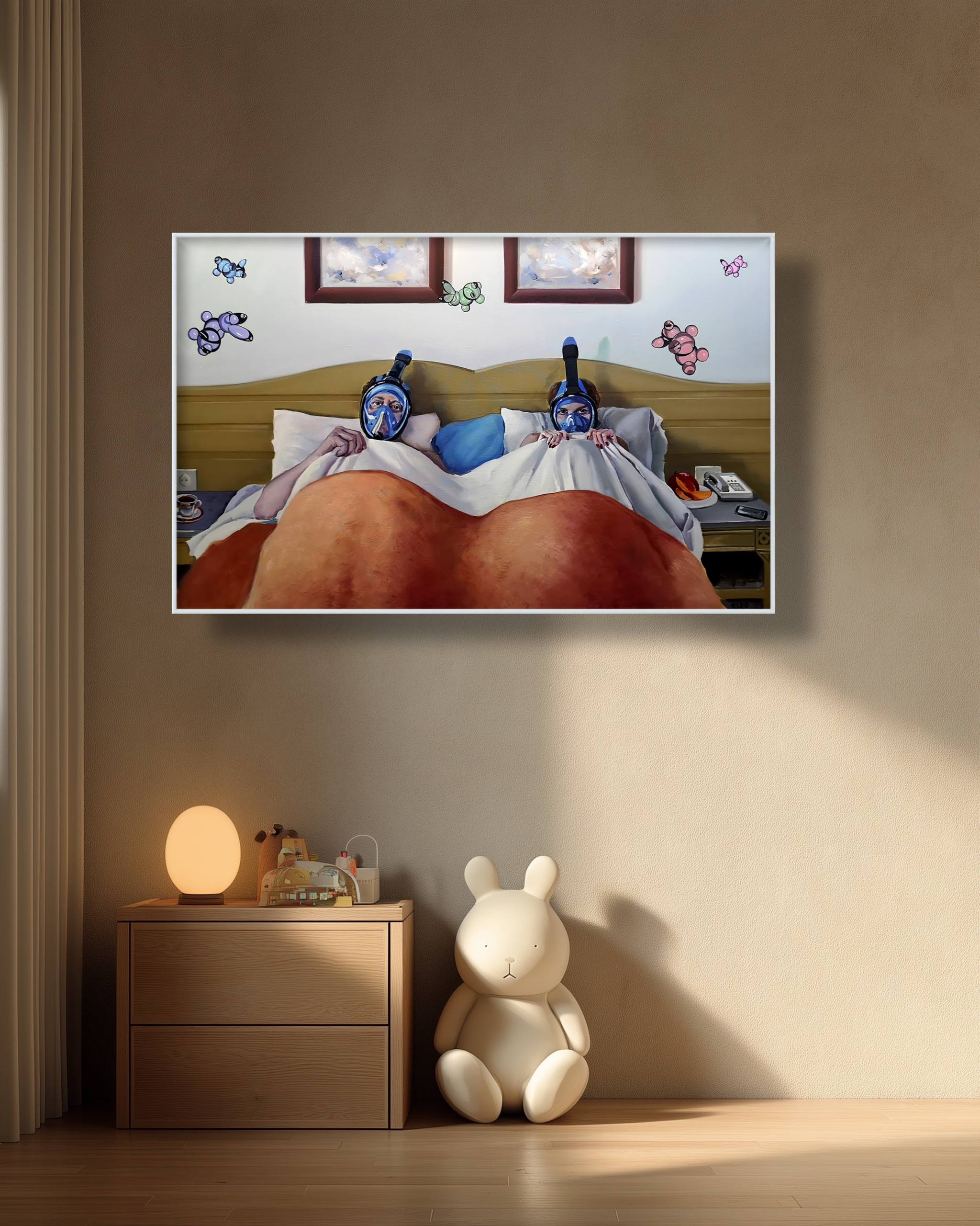 Framed artwork of a couple in bed with butterflies on a wall above a nightstand and plush toy.
