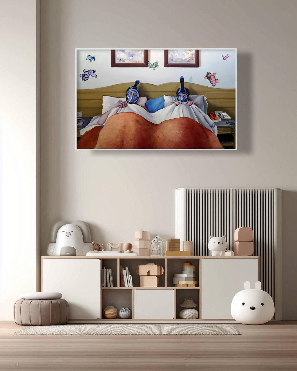 Modern living room with a TV displaying an artistic scene, shelves with decor items, and a neutral color palette.