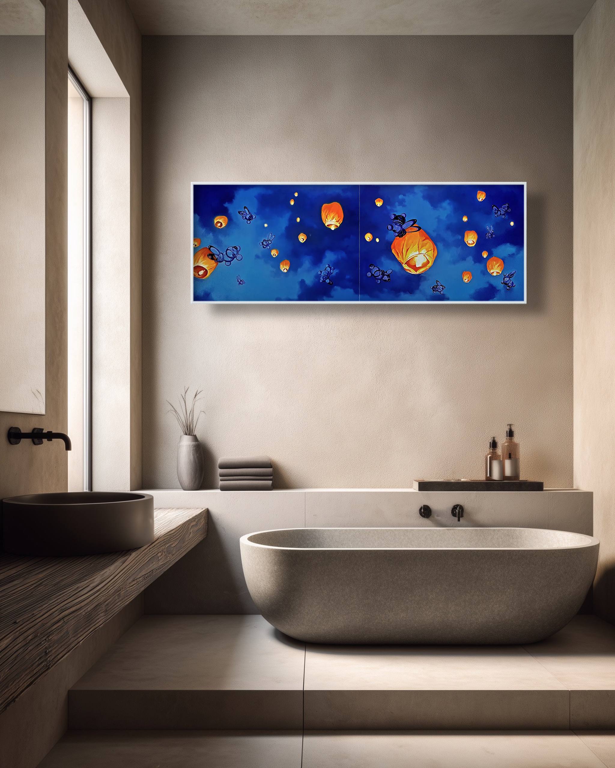Modern bathroom with a large TV mounted on the wall displaying a colorful abstract painting.