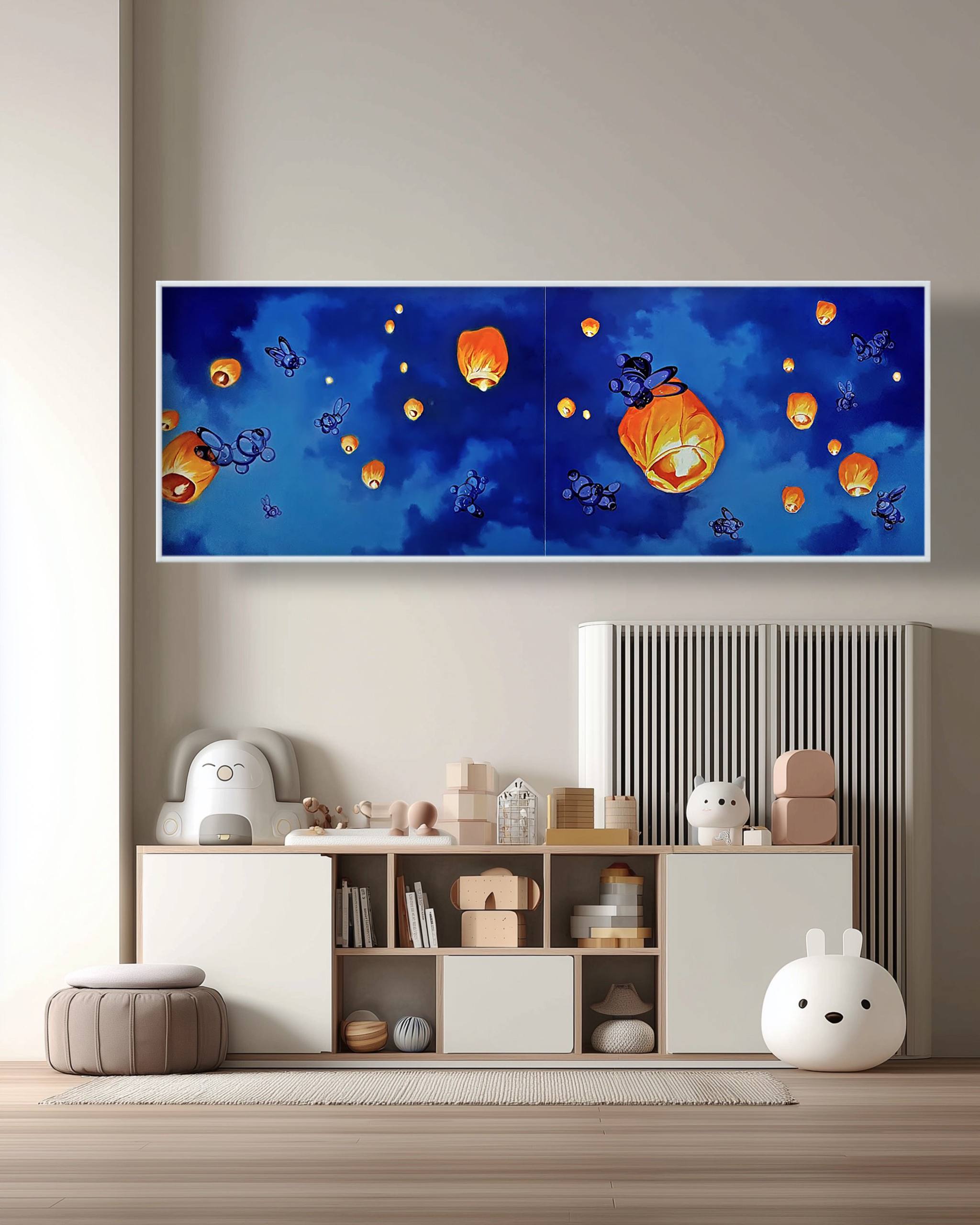 Modern living room with a large wall art piece depicting colorful lanterns against a blue sky.