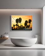 Bathroom with a large TV displaying a sunset with palm trees, white bathtub, and shelves.