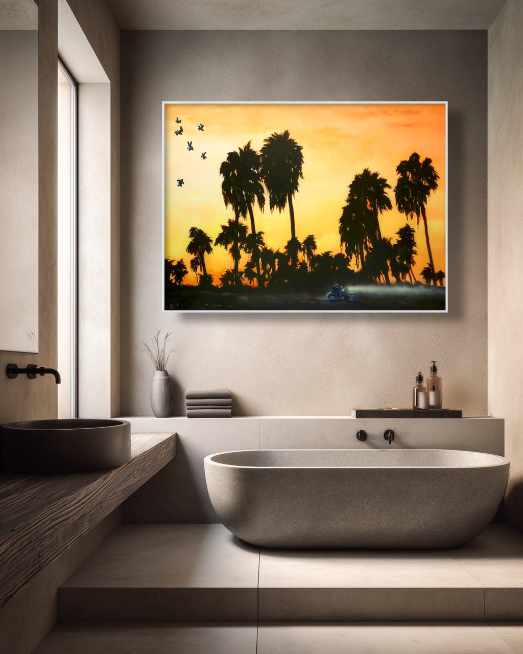 Modern bathroom with a large framed artwork of palm trees and sunset.