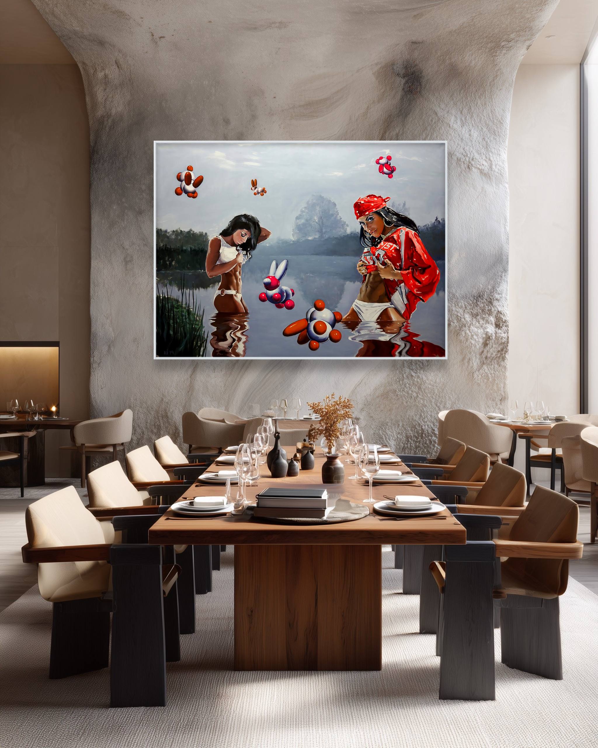 Dining room with a large wooden table and chairs, featuring a modern painting on the wall.