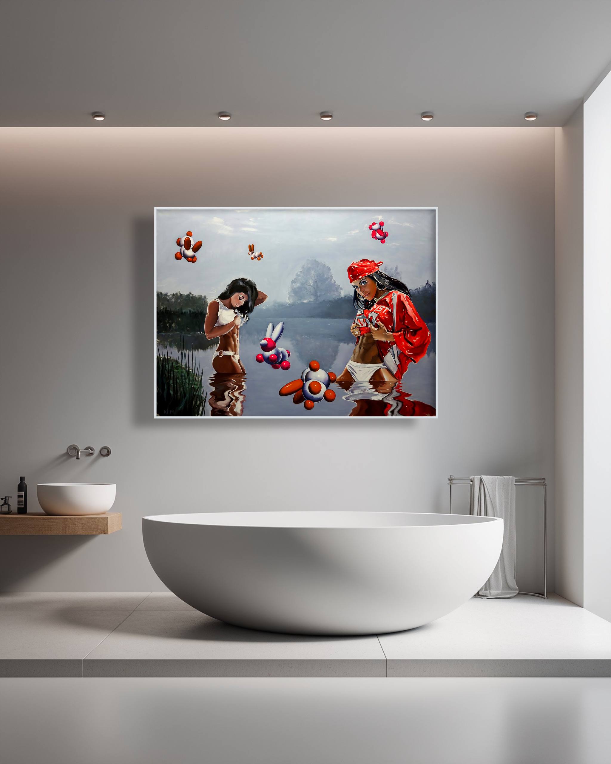 Modern bathroom with a large painting of two people by a lake on the wall.