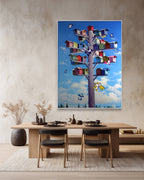 Dining room with a large abstract painting of a tree with colorful birdhouses on the wall.