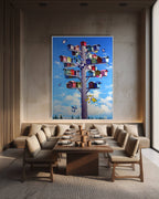 Dining room with a large abstract painting of a tree with colorful birdhouses on the wall.