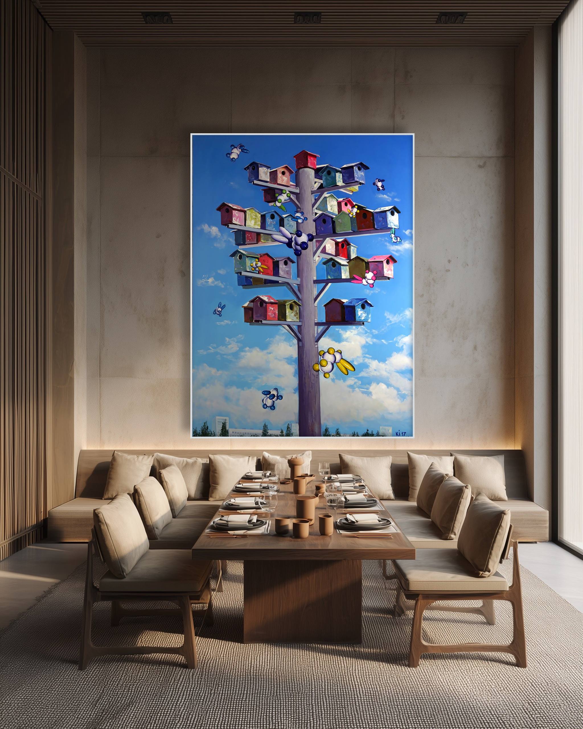 Dining room with a large abstract painting of a tree with colorful birdhouses on the wall.