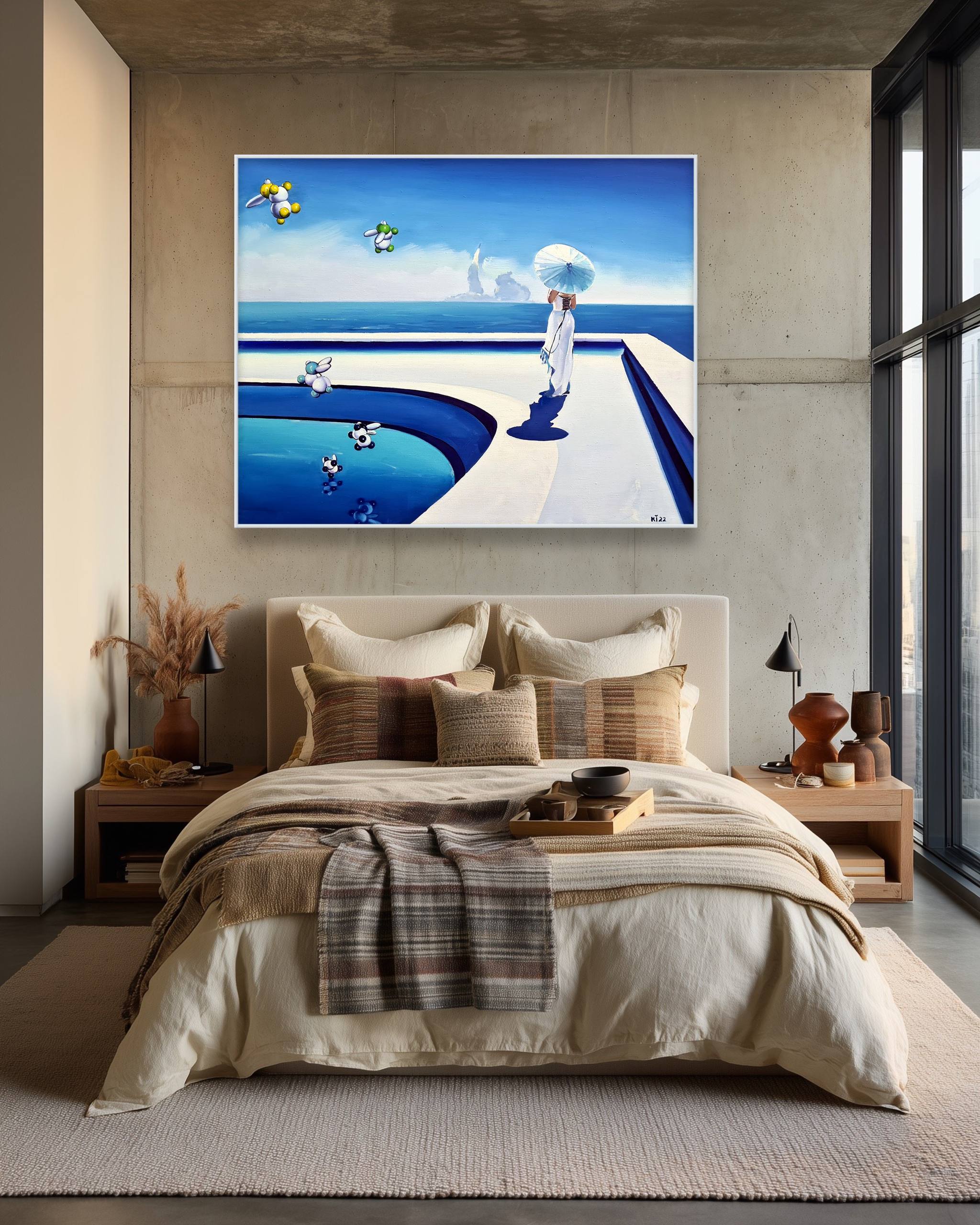 Modern bedroom with a large TV displaying an ocean scene above a bed.
