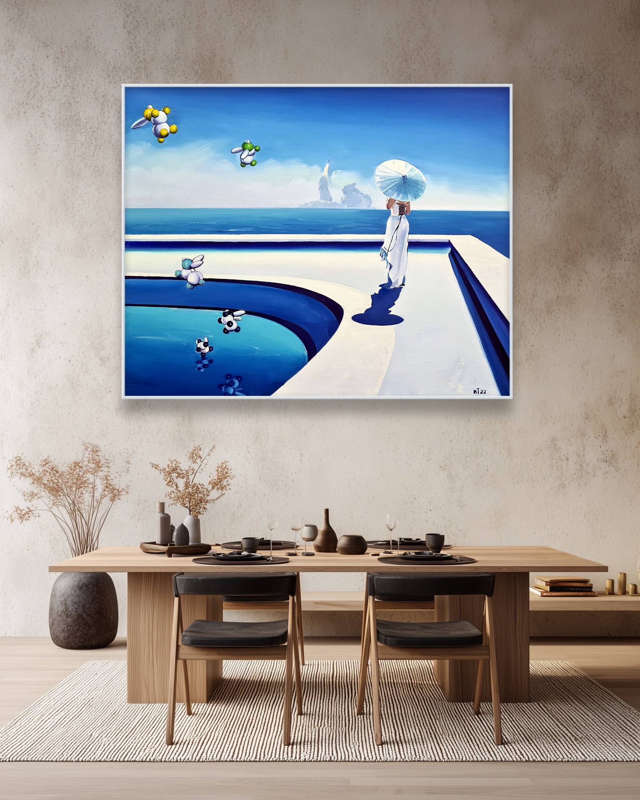 Dining room with a large abstract painting of a pool and sky on the wall.