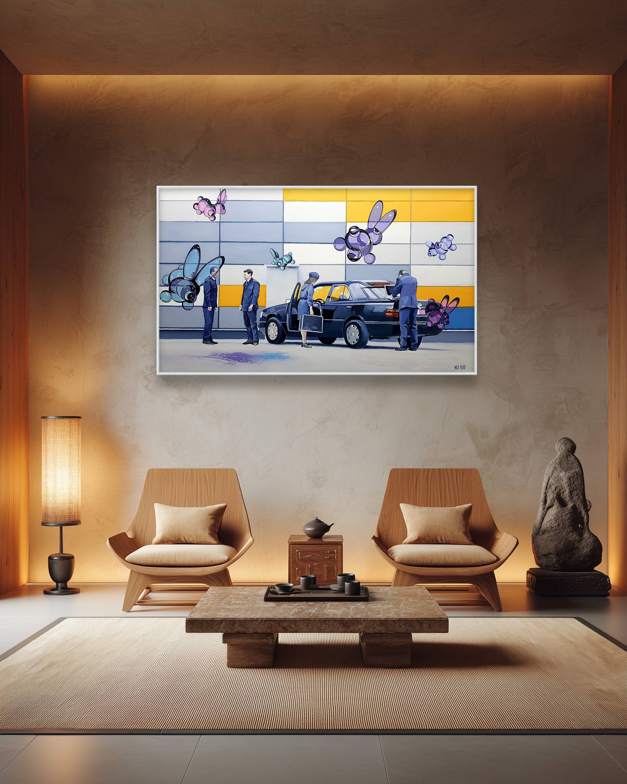 Modern living room with a large abstract painting on the wall, two chairs, a coffee table, and a lamp.