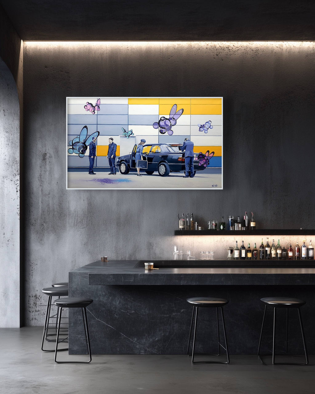 Modern interior with a large wall art piece depicting a scene with people and a car.
