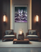 Modern living room with a framed artwork of a rabbit on the wall, two chairs, and a coffee table.