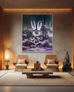 Modern living room with a painting of a rabbit on the wall, two chairs, a coffee table, and a lamp.