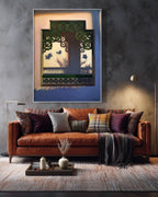 Living room with a brown sofa, decorative pillows, and a framed artwork on the wall.