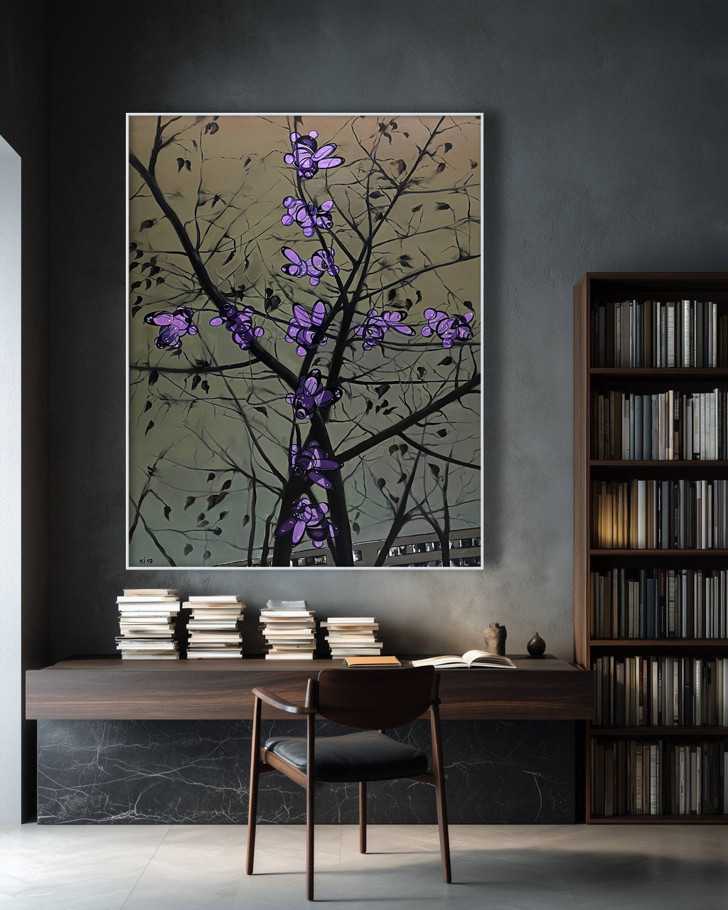 Artistic depiction of a tree with purple flowers on a dark background in a modern interior setting.
