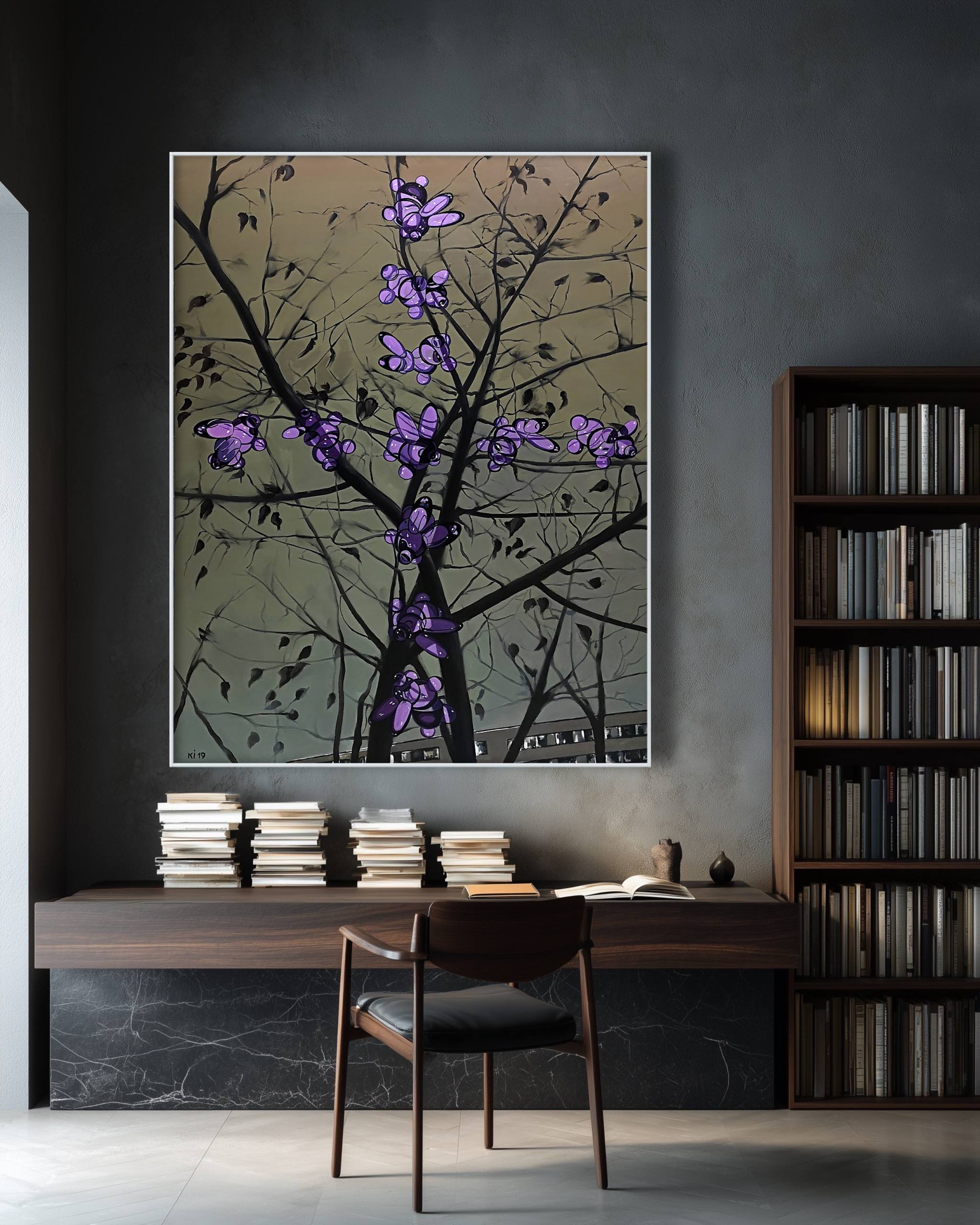 Artistic depiction of a tree with purple flowers on a dark background in a modern interior setting.