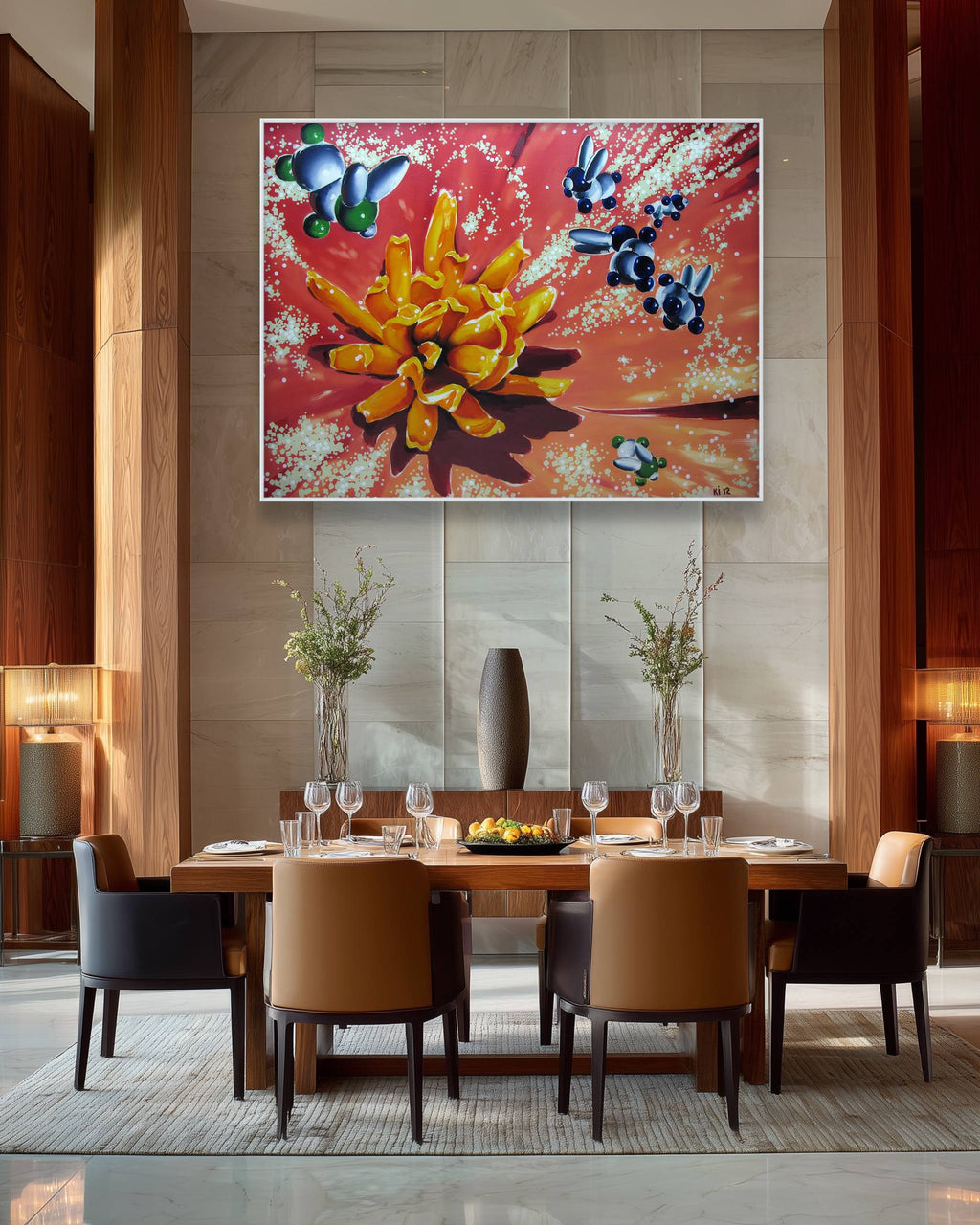Dining room with a colorful abstract painting on the wall above a wooden table.