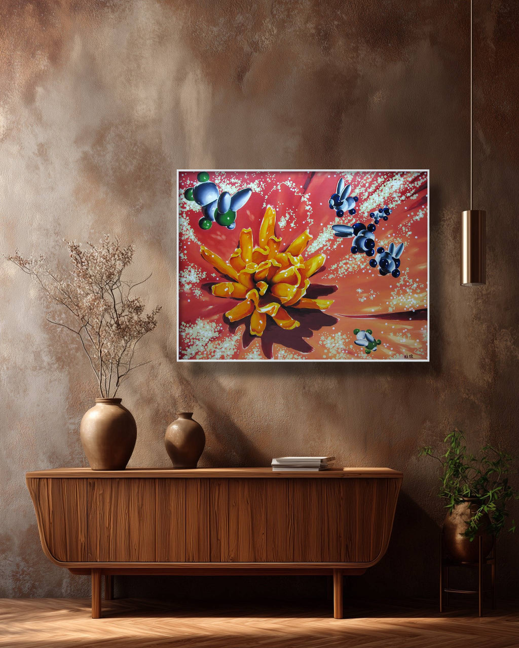 Colorful abstract painting on a wall above a wooden console table with decorative items.