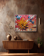 Colorful abstract painting on a wall above a wooden console table with decorative items.