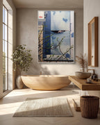 Modern bathroom with wooden bathtub, plant, and artwork on the wall.