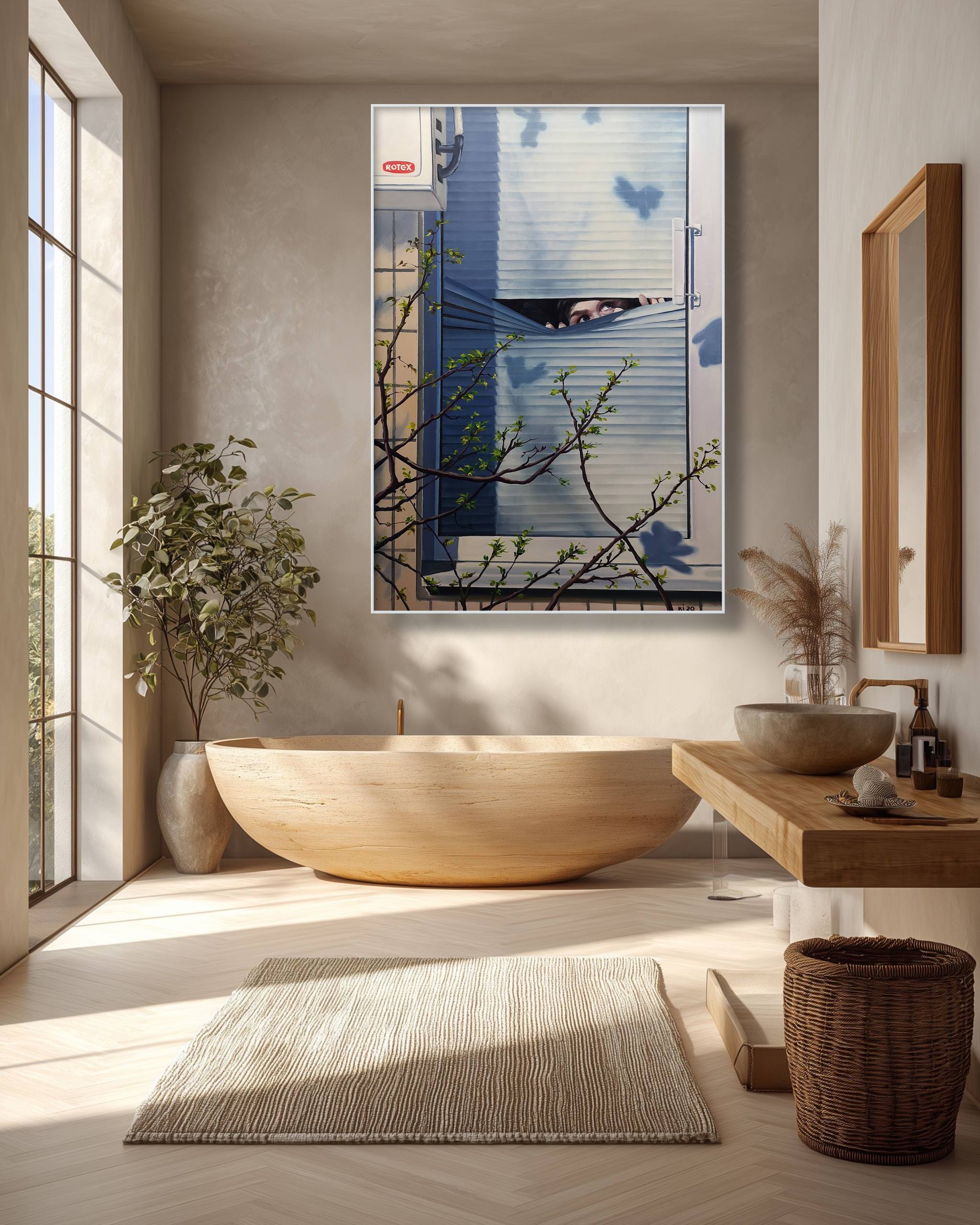 Modern bathroom with wooden bathtub, plant, and artwork on the wall.
