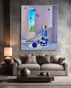 Framed artwork of a child in a blue dress standing on a blue stool in a sunlit room with white steps and greenery.