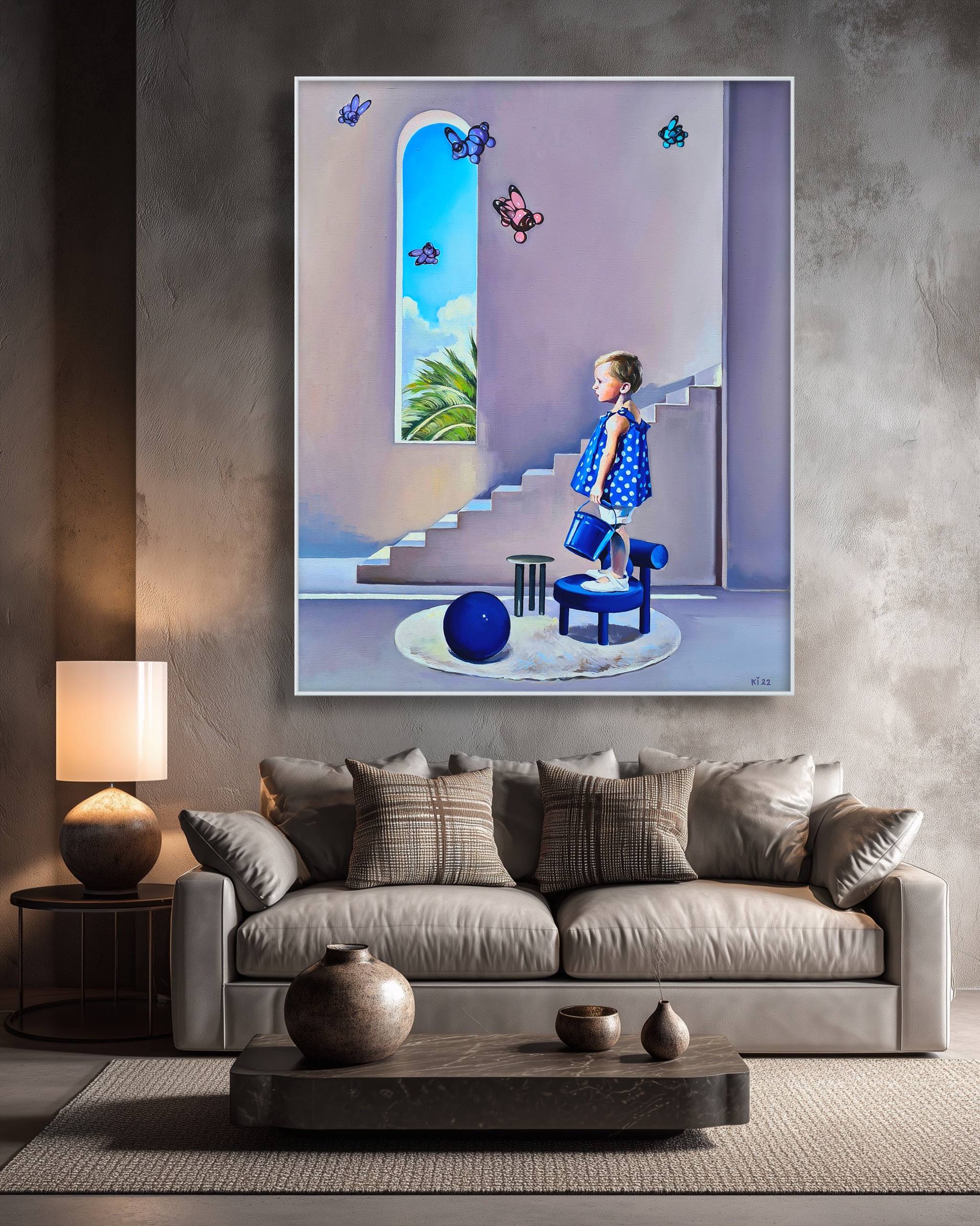 Framed artwork of a child in a blue dress standing on a blue stool in a sunlit room with white steps and greenery.