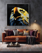 Eagle painting on a wall above a brown sofa with decorative pillows in a living room.