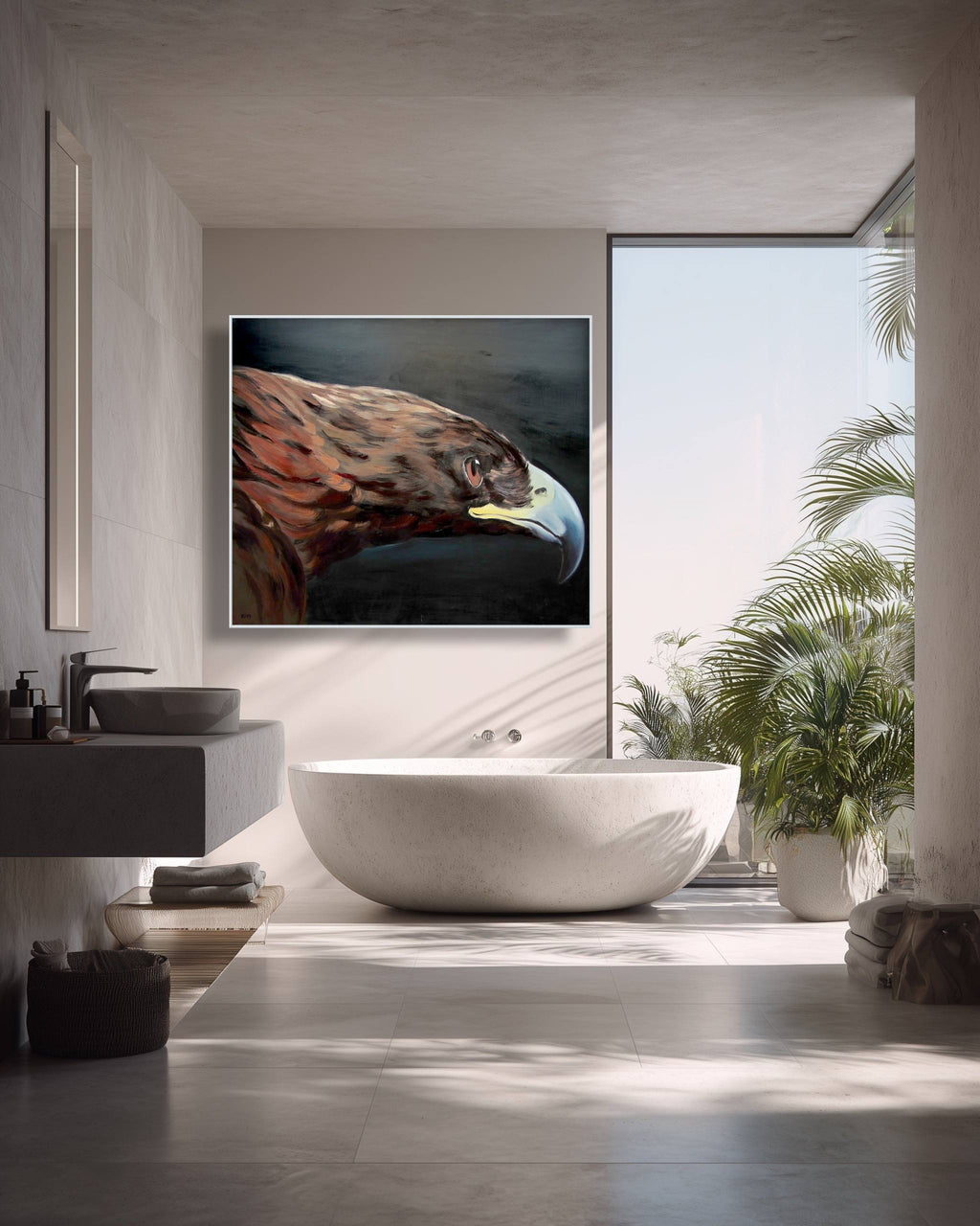 Modern bathroom with a large white freestanding bathtub, sink, and abstract art on the wall.