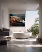 Modern bathroom with a large white freestanding bathtub, sink, and abstract art on the wall.