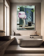 Modern bathroom with a large mirror reflecting a room with a pink flower and a person.