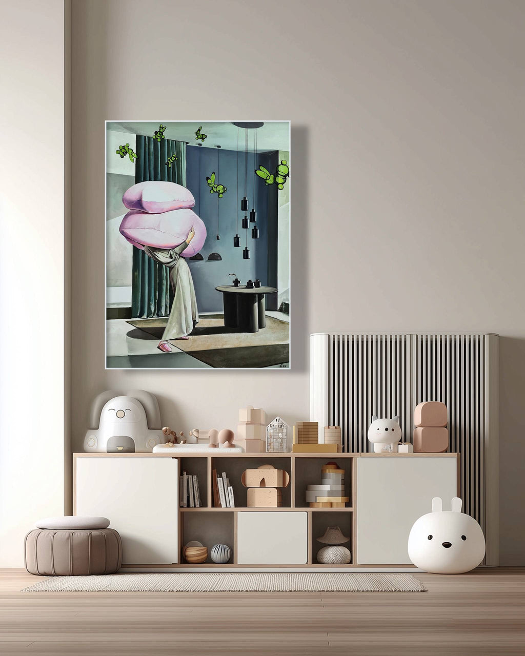 Modern interior with a painting of a woman with a pink flower on her head, a bookshelf, and decorative items.