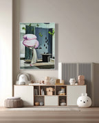 Modern interior with a painting of a woman with a pink flower on her head, a bookshelf, and decorative items.