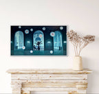 Television mounted on a wall with a decorative plant on a wooden console table below.