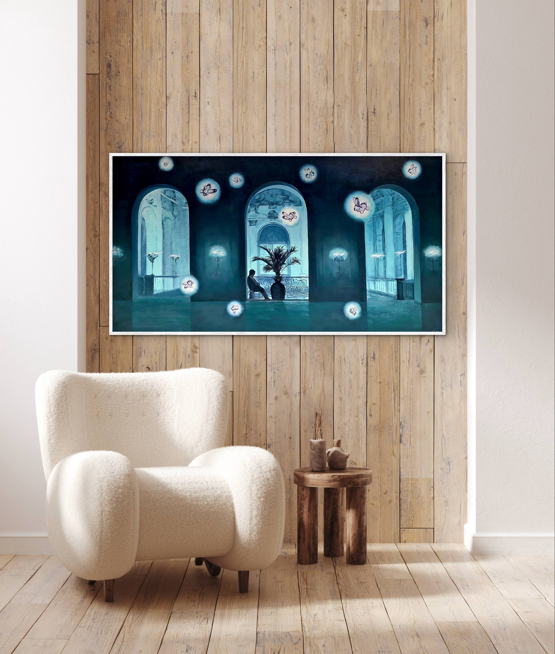 Modern living room with a large TV displaying an artistic scene, a white armchair, and a wooden side table.