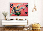 Modern interior with a large abstract painting on the wall, a wooden console table, and decorative items.