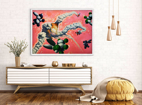Modern interior with a large abstract painting on the wall, a wooden console table, and decorative items.